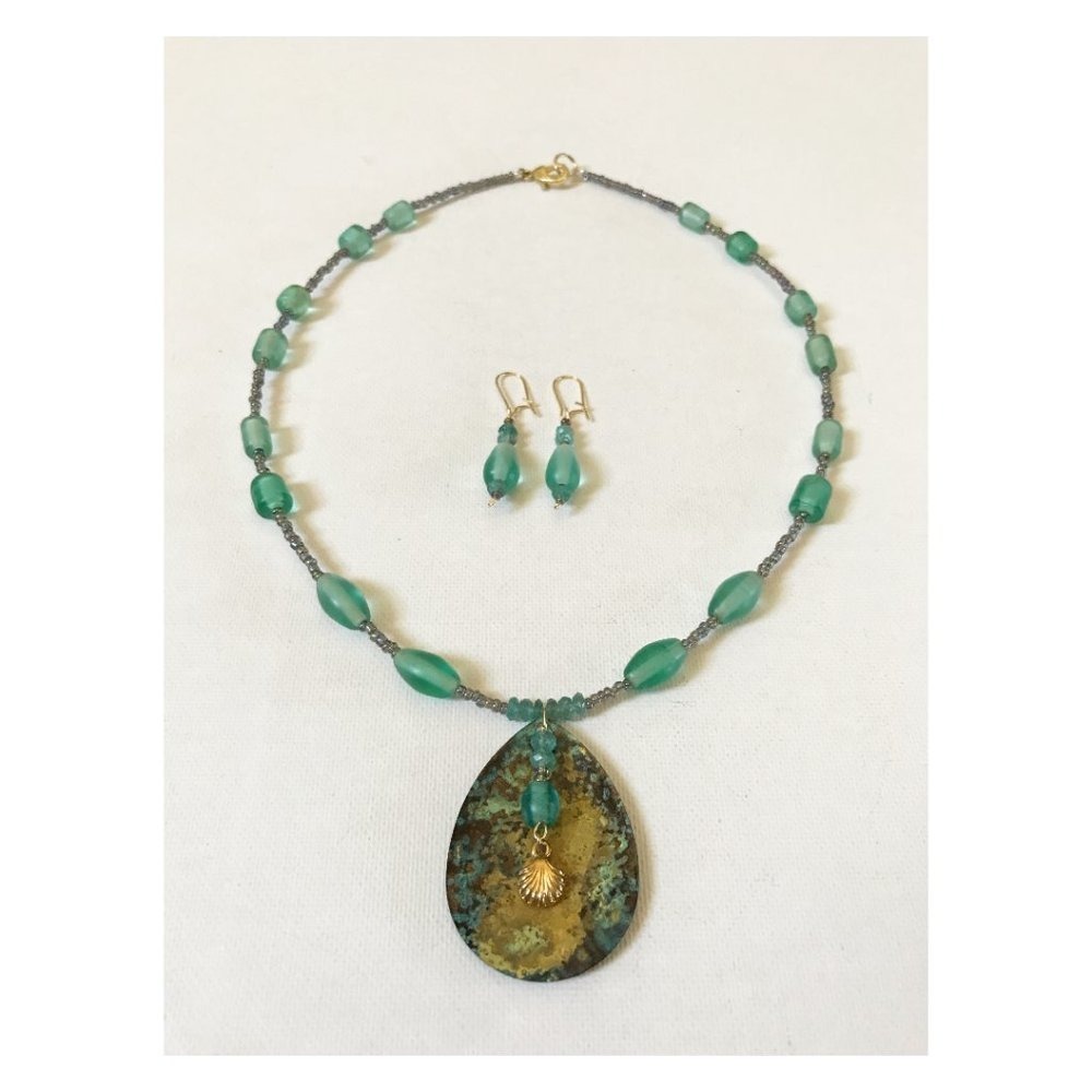 Lure Necklace Golden Shell Recycled Glass Apatite Crystal Gem Beach Mermaid Boho
